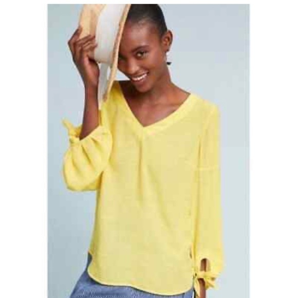 Anthropologie Maeve Verona Yellow Tie Sleeve Rayon Blouse Tunic Top - Picture 1 of 9